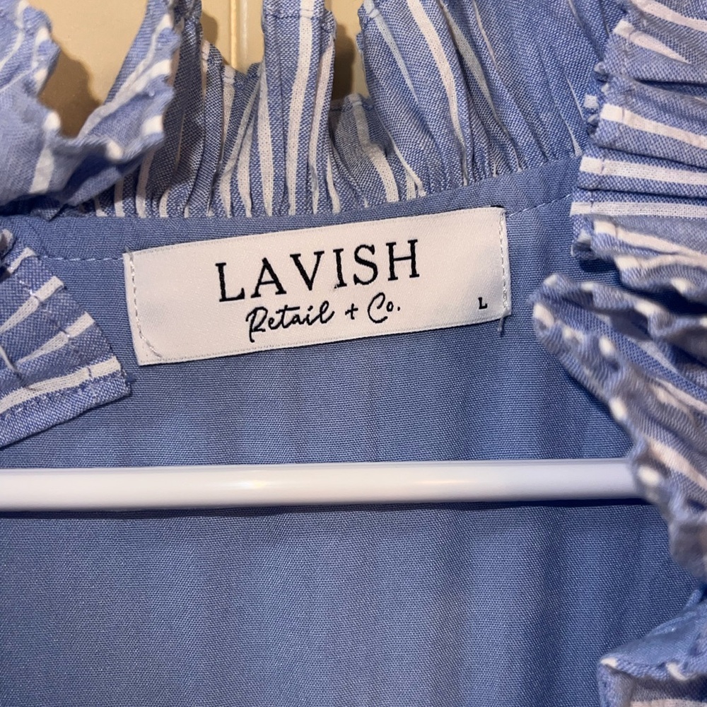 entro rebranded Lavish Boutique Light Blue and White Striped V-Neck Midi Dress - Picture 4 of 5